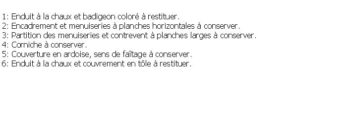 Zone de Texte: 1: Enduit  la chaux et badigeon color  restituer.2: Encadrement et menuiseries  planches horizontales  conserver.3: Partition des menuiseries et contrevent  planches larges  conserver.4: Corniche  conserver.5: Couverture en ardoise, sens de fatage  conserver.6: Enduit  la chaux et couvrement en tle  restituer.