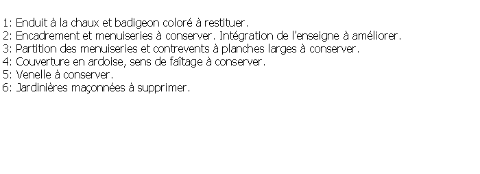 Zone de Texte: 1: Enduit  la chaux et badigeon color  restituer.2: Encadrement et menuiseries  conserver. Intgration de lenseigne  amliorer.3: Partition des menuiseries et contrevents  planches larges  conserver.4: Couverture en ardoise, sens de fatage  conserver.5: Venelle  conserver.6: Jardinires maonnes  supprimer.
