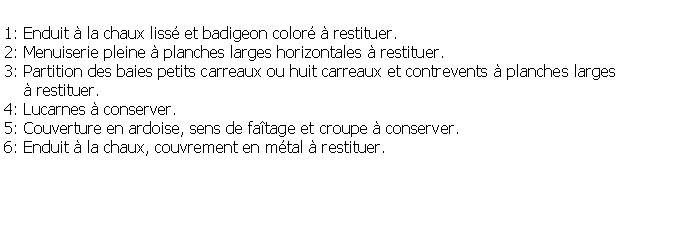 Zone de Texte: 1: Enduit  la chaux liss et badigeon color  restituer.2: Menuiserie pleine  planches larges horizontales  restituer.3: Partition des baies petits carreaux ou huit carreaux et contrevents  planches larges      restituer.4: Lucarnes  conserver.5: Couverture en ardoise, sens de fatage et croupe  conserver.6: Enduit  la chaux, couvrement en mtal  restituer.