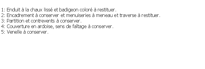 Zone de Texte: 1: Enduit  la chaux liss et badigeon color  restituer.                            2: Encadrement  conserver et menuiseries  meneau et traverse  restituer.3: Partition et contrevents  conserver.4: Couverture en ardoise, sens de fatage  conserver.5: Venelle  conserver.