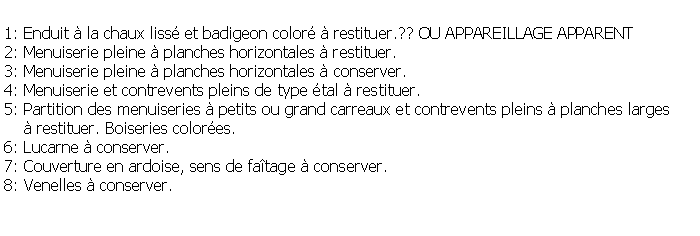 Zone de Texte: 1: Enduit  la chaux liss et badigeon color  restituer.?? OU APPAREILLAGE APPARENT2: Menuiserie pleine  planches horizontales  restituer.3: Menuiserie pleine  planches horizontales  conserver.4: Menuiserie et contrevents pleins de type tal  restituer.5: Partition des menuiseries  petits ou grand carreaux et contrevents pleins  planches larges     restituer. Boiseries colores.6: Lucarne  conserver.7: Couverture en ardoise, sens de fatage  conserver.8: Venelles  conserver.