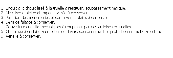 Zone de Texte: 1: Enduit  la chaux liss  la truelle  restituer, soubassement marqu.2: Menuiserie pleine et imposte vitre  conserver.3: Partition des menuiseries et contrevents pleins  conserver.4: Sens de fatage  conserver.    Couverture en tuile mcaniques  remplacer par des ardoises naturelles5: Chemine  enduire au mortier de chaux, couronnement et protection en mtal  restituer.6: Venelle  conserver.