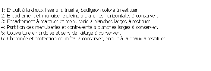 Zone de Texte: 1: Enduit  la chaux liss  la truelle, badigeon color  restituer.2: Encadrement et menuiserie pleine  planches horizontales  conserver.3: Encadrement  marquer et menuiserie  planches larges  restituer.4: Partition des menuiseries et contrevents  planches larges  conserver.5: Couverture en ardoise et sens de fatage  conserver.6: Chemine et protection en mtal  conserver, enduit  la chaux  restituer.