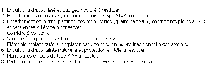 Zone de Texte: 1: Enduit  la chaux, liss et badigeon color  restituer.2: Encadrement  conserver, menuiserie bois de type XIX  restituer.3: Encadrement en pierre, partition des menuiseries (quatre carreaux) contrevents pleins au RDC    et persiennes  ltage  conserver.4: Corniche  conserver.5: Sens de fatage et couverture en ardoise  conserver.    lments prfabriqus  remplacer par une mise en uvre traditionnelle des artiers.6: Enduit  la chaux teinte naturelle et protection en tle  restituer.7: Menuiseries en bois de type XIX  restituer.8: Partition des menuiseries  restituer et contrevents pleins  conserver.
