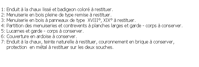 Zone de Texte: 1: Enduit  la chaux liss et badigeon color  restituer.2: Menuiserie en bois pleine de type remise  restituer.3: Menuiserie en bois  panneaux de type  XVIII, XIX  restituer.4: Partition des menuiseries et contrevents  planches larges et garde - corps  conserver.5: Lucarnes et garde - corps  conserver.6: Couverture en ardoise  conserver.7: Enduit  la chaux, teinte naturelle  restituer, couronnement en brique  conserver,    protection  en mtal  restituer sur les deux souches.
