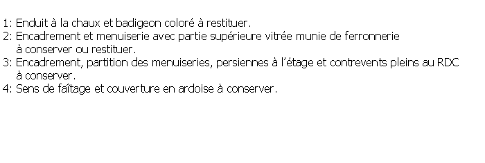 Zone de Texte: 1: Enduit  la chaux et badigeon color  restituer.2: Encadrement et menuiserie avec partie suprieure vitre munie de ferronnerie      conserver ou restituer. 3: Encadrement, partition des menuiseries, persiennes  ltage et contrevents pleins au RDC      conserver.4: Sens de fatage et couverture en ardoise  conserver.