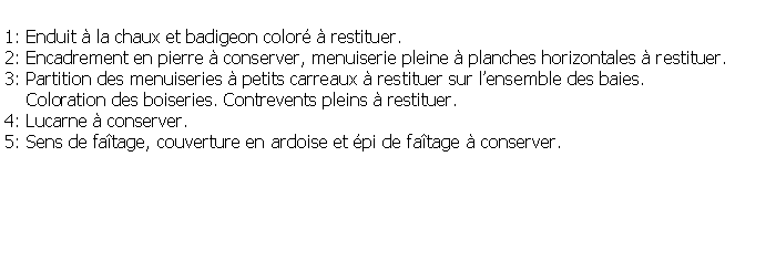 Zone de Texte: 1: Enduit  la chaux et badigeon color  restituer.2: Encadrement en pierre  conserver, menuiserie pleine  planches horizontales  restituer.3: Partition des menuiseries  petits carreaux  restituer sur lensemble des baies.     Coloration des boiseries. Contrevents pleins  restituer.4: Lucarne  conserver.5: Sens de fatage, couverture en ardoise et pi de fatage  conserver.