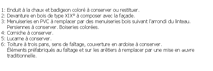 Zone de Texte: 1: Enduit  la chaux et badigeon color  conserver ou restituer.2: Devanture en bois de type XIX  composer avec la faade.3: Menuiseries en PVC  remplacer par des menuiseries bois suivant larrondi du linteau.    Persiennes  conserver. Boiseries colores.4: Corniche  conserver.5: Lucarne  conserver.6: Toiture  trois pans, sens de fatage, couverture en ardoise  conserver.    lments prfabriqus au fatage et sur les artiers  remplacer par une mise en uvre    traditionnelle.