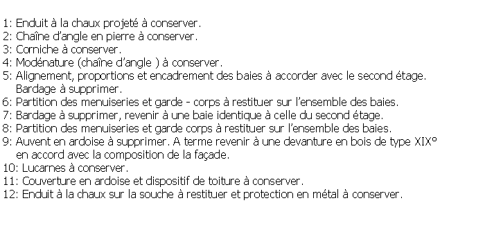 Zone de Texte: 1: Enduit  la chaux projet  conserver.2: Chane dangle en pierre  conserver.3: Corniche  conserver.4: Modnature (chane dangle )  conserver.5: Alignement, proportions et encadrement des baies  accorder avec le second tage.    Bardage  supprimer.6: Partition des menuiseries et garde - corps  restituer sur lensemble des baies.7: Bardage  supprimer, revenir  une baie identique  celle du second tage.8: Partition des menuiseries et garde corps  restituer sur lensemble des baies.9: Auvent en ardoise  supprimer. A terme revenir  une devanture en bois de type XIX    en accord avec la composition de la faade.10: Lucarnes  conserver.11: Couverture en ardoise et dispositif de toiture  conserver.12: Enduit  la chaux sur la souche  restituer et protection en mtal  conserver.
