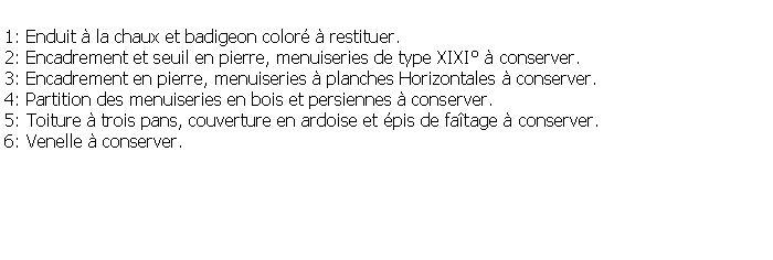 Zone de Texte: 1: Enduit  la chaux et badigeon color  restituer.2: Encadrement et seuil en pierre, menuiseries de type XIXI  conserver.3: Encadrement en pierre, menuiseries  planches Horizontales  conserver.4: Partition des menuiseries en bois et persiennes  conserver.5: Toiture  trois pans, couverture en ardoise et pis de fatage  conserver.6: Venelle  conserver.