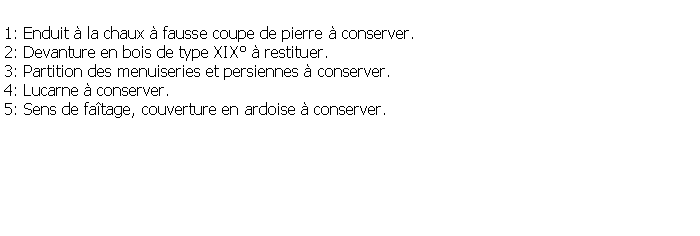 Zone de Texte: 1: Enduit  la chaux  fausse coupe de pierre  conserver. 2: Devanture en bois de type XIX  restituer.3: Partition des menuiseries et persiennes  conserver.4: Lucarne  conserver.5: Sens de fatage, couverture en ardoise  conserver.