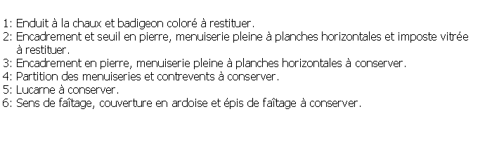 Zone de Texte: 1: Enduit  la chaux et badigeon color  restituer.2: Encadrement et seuil en pierre, menuiserie pleine  planches horizontales et imposte vitre     restituer.3: Encadrement en pierre, menuiserie pleine  planches horizontales  conserver.4: Partition des menuiseries et contrevents  conserver.5: Lucarne  conserver.6: Sens de fatage, couverture en ardoise et pis de fatage  conserver.
