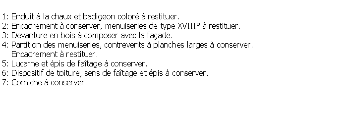 Zone de Texte: 1: Enduit  la chaux et badigeon color  restituer.2: Encadrement  conserver, menuiseries de type XVIII  restituer.3: Devanture en bois  composer avec la faade.4: Partition des menuiseries, contrevents  planches larges  conserver.    Encadrement  restituer.5: Lucarne et pis de fatage  conserver.6: Dispositif de toiture, sens de fatage et pis  conserver.7: Corniche  conserver.