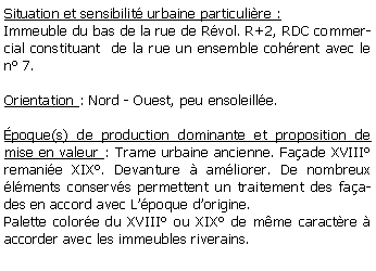 Zone de Texte: Situation et sensibilit urbaine particulire :Immeuble du bas de la rue de Rvol. R+2, RDC commercial constituant  de la rue un ensemble cohrent avec le n 7.Orientation : Nord - Ouest, peu ensoleille.poque(s) de production dominante et proposition de mise en valeur : Trame urbaine ancienne. Faade XVIII remanie XIX. Devanture  amliorer. De nombreux lments conservs permettent un traitement des faades en accord avec Lpoque dorigine.Palette colore du XVIII ou XIX de mme caractre  accorder avec les immeubles riverains.