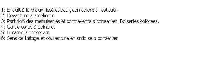 Zone de Texte: 1: Enduit  la chaux liss et badigeon color  restituer.2: Devanture  amliorer.3: Partition des menuiseries et contrevents  conserver. Boiseries colores.4: Garde corps  peindre.5: Lucarne  conserver.6: Sens de fatage et couverture en ardoise  conserver.