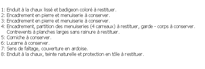 Zone de Texte: 1: Enduit  la chaux liss et badigeon color  restituer.2: Encadrement en pierre et menuiserie  conserver.3: Encadrement en pierre et menuiserie  conserver.4: Encadrement, partition des menuiseries (4 carreaux)  restituer, garde - corps  conserver.    Contrevents  planches larges sans rainure  restituer.5: Corniche  conserver.6: Lucarne  conserver.7: Sens de fatage, couverture en ardoise.8: Enduit  la chaux, teinte naturelle et protection en tle  restituer.