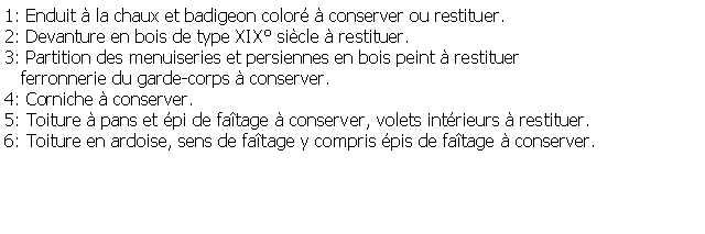 Zone de Texte: 1: Enduit  la chaux et badigeon color  conserver ou restituer.2: Devanture en bois de type XIX sicle  restituer.3: Partition des menuiseries et persiennes en bois peint  restituer   ferronnerie du garde-corps  conserver.4: Corniche  conserver.5: Toiture  pans et pi de fatage  conserver, volets intrieurs  restituer.6: Toiture en ardoise, sens de fatage y compris pis de fatage  conserver.