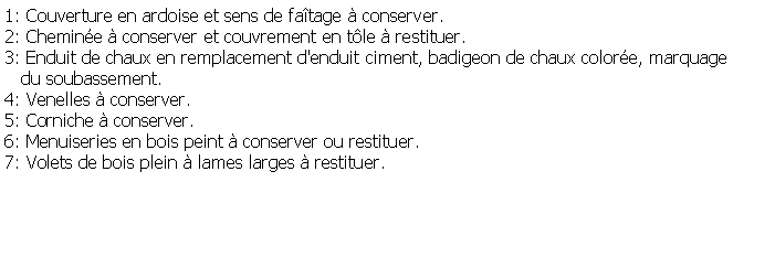 Zone de Texte: 1: Couverture en ardoise et sens de fatage  conserver.2: Chemine  conserver et couvrement en tle  restituer.3: Enduit de chaux en remplacement d'enduit ciment, badigeon de chaux colore, marquage    du soubassement.4: Venelles  conserver.5: Corniche  conserver. 6: Menuiseries en bois peint  conserver ou restituer.7: Volets de bois plein  lames larges  restituer.