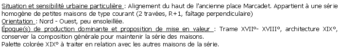 Zone de Texte: Situation et sensibilit urbaine particulire : Alignement du haut de lancienne place Marcadet. Appartient  une srie homogne de petites maisons de type courant (2 traves, R+1, fatage perpendiculaire) Orientation : Nord - Ouest, peu ensoleille.poque(s) de production dominante et proposition de mise en valeur : Trame XVII- XVIII, architecture XIX, conserver la composition gnrale pour maintenir la srie des maisons.Palette colore XIX  traiter en relation avec les autres maisons de la srie.