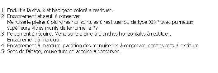 Zone de Texte: 1: Enduit  la chaux et badigeon color  restituer.2: Encadrement et seuil  conserver.     Menuiserie pleine  planches horizontales  restituer ou de type XIX avec panneaux     suprieurs vitrs munis de ferronnerie.??3: Percement  rduire. Menuiserie pleine  planches horizontales  restituer.    Encadrement  marquer.4: Encadrement  marquer, partition des menuiseries  conserver, contrevents  restituer.5: Sens de fatage, couverture en ardoise  conserver.