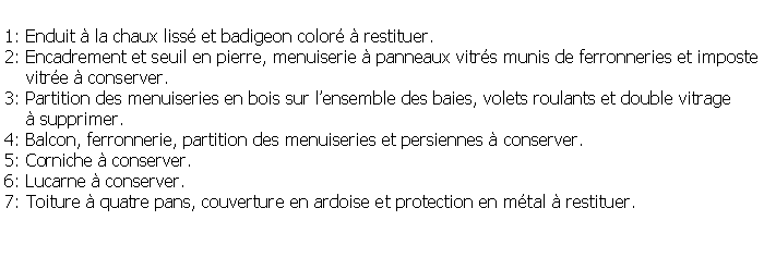 Zone de Texte: 1: Enduit  la chaux liss et badigeon color  restituer.2: Encadrement et seuil en pierre, menuiserie  panneaux vitrs munis de ferronneries et imposte    vitre  conserver.3: Partition des menuiseries en bois sur lensemble des baies, volets roulants et double vitrage      supprimer.4: Balcon, ferronnerie, partition des menuiseries et persiennes  conserver.5: Corniche  conserver.6: Lucarne  conserver.7: Toiture  quatre pans, couverture en ardoise et protection en mtal  restituer.
