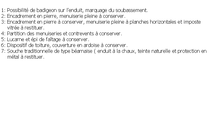 Zone de Texte: 1: Possibilit de badigeon sur lenduit, marquage du soubassement.2: Encadrement en pierre, menuiserie pleine  conserver.3: Encadrement en pierre  conserver, menuiserie pleine  planches horizontales et imposte     vitre  restituer.4: Partition des menuiseries et contrevents  conserver.5: Lucarne et pi de fatage  conserver.6: Dispositif de toiture, couverture en ardoise  conserver.7: Souche traditionnelle de type barnaise ( enduit  la chaux, teinte naturelle et protection en     mtal  restituer.
