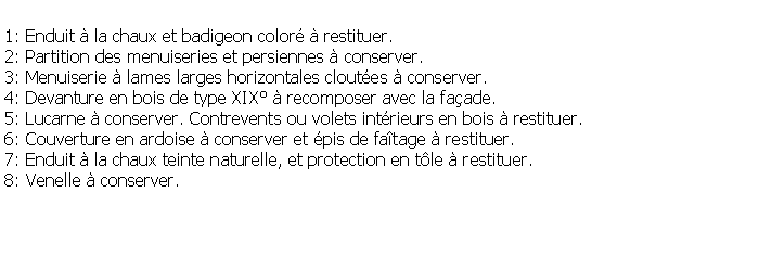Zone de Texte: 1: Enduit  la chaux et badigeon color  restituer.2: Partition des menuiseries et persiennes  conserver.3: Menuiserie  lames larges horizontales cloutes  conserver.4: Devanture en bois de type XIX  recomposer avec la faade.5: Lucarne  conserver. Contrevents ou volets intrieurs en bois  restituer.6: Couverture en ardoise  conserver et pis de fatage  restituer.7: Enduit  la chaux teinte naturelle, et protection en tle  restituer.8: Venelle  conserver.