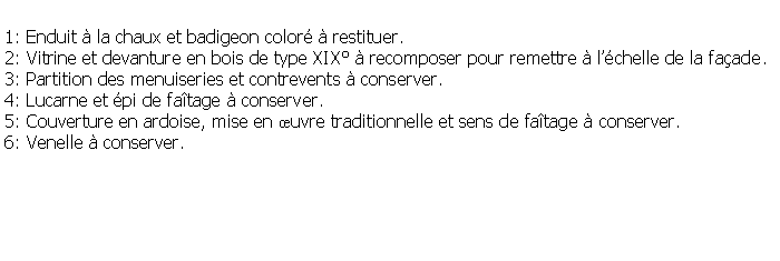 Zone de Texte: 1: Enduit  la chaux et badigeon color  restituer.2: Vitrine et devanture en bois de type XIX  recomposer pour remettre  lchelle de la faade.3: Partition des menuiseries et contrevents  conserver.4: Lucarne et pi de fatage  conserver.5: Couverture en ardoise, mise en uvre traditionnelle et sens de fatage  conserver.6: Venelle  conserver.