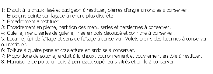 Zone de Texte: 1: Enduit  la chaux liss et badigeon  restituer, pierres dangle arrondies  conserver.    Enseigne peinte sur faade  rendre plus discrte.2: Encadrement  restituer.3: Encadrement en pierre, partition des menuiseries et persiennes  conserver.4: Galerie, menuiseries de galerie, frise en bois dcoup et corniche  conserver.5: Lucarne, pi de fatage et sens de fatage  conserver. Volets pleins des lucarnes  conserver ou restituer. 6: Toiture  quatre pans et couverture en ardoise  conserver.7: Proportions de souche, enduit  la chaux, couronnement et couvrement en tle  restituer.8: Menuiserie de porte en bois  panneaux suprieurs vitrs et grille  conserver.