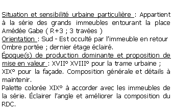 Zone de Texte: Situation et sensibilit urbaine particulire : Appartient  la srie des grands immeubles entourant la place Amde Gabe ( R+3 ; 3 traves )Orientation : Sud - Est occult par limmeuble en retour Ombre porte ; dernier tage clair.poque(s) de production dominante et proposition de mise en valeur : XVII XVIII pour la trame urbaine ;XIX pour la faade. Composition gnrale et dtails  maintenir.Palette colore XIX  accorder avec les immeubles de la srie. clairer langle et amliorer la composition du RDC.