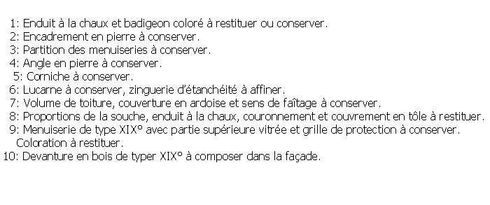 Zone de Texte:   1: Enduit  la chaux et badigeon color  restituer ou conserver.  2: Encadrement en pierre  conserver.  3: Partition des menuiseries  conserver.  4: Angle en pierre  conserver.   5: Corniche  conserver.  6: Lucarne  conserver, zinguerie dtanchit  affiner.  7: Volume de toiture, couverture en ardoise et sens de fatage  conserver.  8: Proportions de la souche, enduit  la chaux, couronnement et couvrement en tle  restituer.  9: Menuiserie de type XIX avec partie suprieure vitre et grille de protection  conserver.    Coloration  restituer.10: Devanture en bois de typer XIX  composer dans la faade.