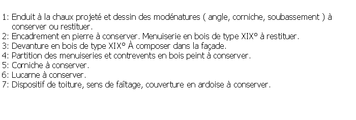 Zone de Texte: 1: Enduit  la chaux projet et dessin des modnatures ( angle, corniche, soubassement )      conserver ou restituer.2: Encadrement en pierre  conserver. Menuiserie en bois de type XIX  restituer.3: Devanture en bois de type XIX  composer dans la faade.4: Partition des menuiseries et contrevents en bois peint  conserver.5: Corniche  conserver.6: Lucarne  conserver.7: Dispositif de toiture, sens de fatage, couverture en ardoise  conserver.
