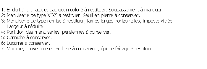 Zone de Texte: 1: Enduit  la chaux et badigeon color  restituer. Soubassement  marquer.2: Menuiserie de type XIX  restituer. Seuil en pierre  conserver.3: Menuiserie de type remise  restituer, lames larges horizontales, imposte vitre.    Largeur  rduire.4: Partition des menuiseries, persiennes  conserver.5: Corniche  conserver.6: Lucarne  conserver.7: Volume, couverture en ardoise  conserver ; pi de fatage  restituer.