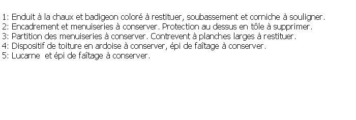 Zone de Texte: 1: Enduit  la chaux et badigeon color  restituer, soubassement et corniche  souligner.2: Encadrement et menuiseries  conserver. Protection au dessus en tle  supprimer.3: Partition des menuiseries  conserver. Contrevent  planches larges  restituer.4: Dispositif de toiture en ardoise  conserver, pi de fatage  conserver.5: Lucarne  et pi de fatage  conserver.