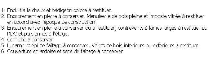 Zone de Texte: 1: Enduit  la chaux et badigeon color  restituer.2: Encadrement en pierre  conserver. Menuiserie de bois pleine et imposte vitre  restituer    en accord avec lpoque de construction.3: Encadrement en pierre  conserver ou  restituer, contrevents  lames larges  restituer au    RDC et persiennes  ltage.4: Corniche  conserver.5: Lucarne et pi de fatage  conserver. Volets de bois intrieurs ou extrieurs  restituer. 6: Couverture en ardoise et sens de fatage  conserver.
