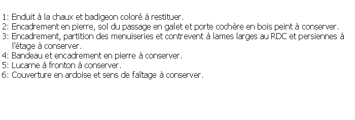 Zone de Texte: 1: Enduit  la chaux et badigeon color  restituer.2: Encadrement en pierre, sol du passage en galet et porte cochre en bois peint  conserver.3: Encadrement, partition des menuiseries et contrevent  lames larges au RDC et persiennes      ltage  conserver.4: Bandeau et encadrement en pierre  conserver.5: Lucarne  fronton  conserver.6: Couverture en ardoise et sens de fatage  conserver.