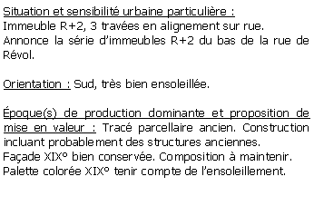 Zone de Texte: Situation et sensibilit urbaine particulire :Immeuble R+2, 3 traves en alignement sur rue. Annonce la srie dimmeubles R+2 du bas de la rue de Rvol.Orientation : Sud, trs bien ensoleille. poque(s) de production dominante et proposition de mise en valeur : Trac parcellaire ancien. Construction incluant probablement des structures anciennes.  Faade XIX bien conserve. Composition  maintenir. Palette colore XIX tenir compte de lensoleillement. 