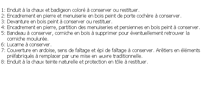 Zone de Texte: 1: Enduit  la chaux et badigeon color  conserver ou restituer.2: Encadrement en pierre et menuiserie en bois peint de porte cochre  conserver.3: Devanture en bois peint  conserver ou restituer.4: Encadrement en pierre, partition des menuiseries et persiennes en bois peint  conserver.5: Bandeau  conserver, corniche en bois  supprimer pour ventuellement retrouver la     corniche moulure.6: Lucarne  conserver.7: Couverture en ardoise, sens de fatage et pi de fatage  conserver. Artiers en lments     prfabriqus  remplacer par une mise en uvre traditionnelle.8: Enduit  la chaux teinte naturelle et protection en tle  restituer.