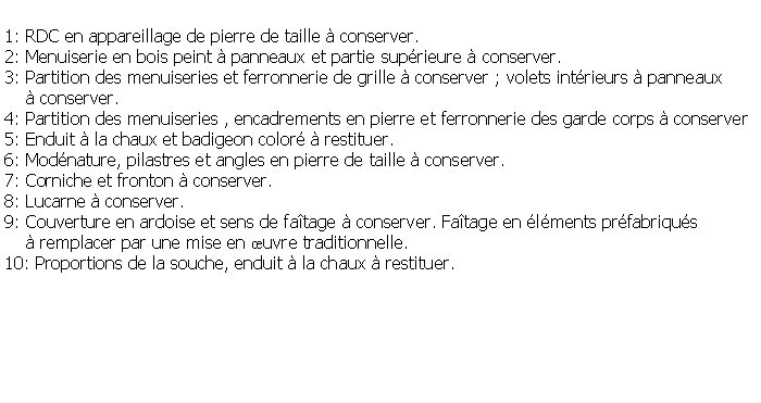 Zone de Texte: 1: RDC en appareillage de pierre de taille  conserver.2: Menuiserie en bois peint  panneaux et partie suprieure  conserver.3: Partition des menuiseries et ferronnerie de grille  conserver ; volets intrieurs  panneaux     conserver.4: Partition des menuiseries , encadrements en pierre et ferronnerie des garde corps  conserver5: Enduit  la chaux et badigeon color  restituer.6: Modnature, pilastres et angles en pierre de taille  conserver.7: Corniche et fronton  conserver.8: Lucarne  conserver.9: Couverture en ardoise et sens de fatage  conserver. Fatage en lments prfabriqus      remplacer par une mise en uvre traditionnelle.10: Proportions de la souche, enduit  la chaux  restituer.