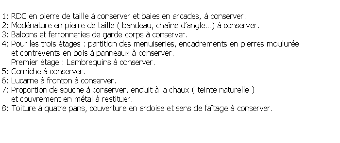 Zone de Texte: 1: RDC en pierre de taille  conserver et baies en arcades,  conserver.2: Modnature en pierre de taille ( bandeau, chane dangle)  conserver.3: Balcons et ferronneries de garde corps  conserver.4: Pour les trois tages : partition des menuiseries, encadrements en pierres moulure    et contrevents en bois  panneaux  conserver.     Premier tage : Lambrequins  conserver. 5: Corniche  conserver.6: Lucarne  fronton  conserver.7: Proportion de souche  conserver, enduit  la chaux ( teinte naturelle )     et couvrement en mtal  restituer.8: Toiture  quatre pans, couverture en ardoise et sens de fatage  conserver.