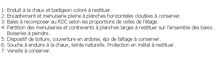 Zone de Texte: 1: Enduit  la chaux et badigeon color  restituer.2: Encadrement et menuiserie pleine  planches horizontales cloutes  conserver.3: Baies  recomposer au RDC selon les proportions de celles de ltage.4: Partition des menuiseries et contrevents  planches larges  restituer sur lensemble des baies.    Boiseries  peindre.5: Dispositif de toiture, couverture en ardoise, pi de fatage  conserver.6: Souche  enduire  la chaux, teinte naturelle. Protection en mtal  restituer.7: Venelle  conserver.