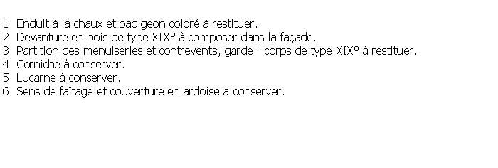 Zone de Texte: 1: Enduit  la chaux et badigeon color  restituer.2: Devanture en bois de type XIX  composer dans la faade.3: Partition des menuiseries et contrevents, garde - corps de type XIX  restituer.4: Corniche  conserver.5: Lucarne  conserver.6: Sens de fatage et couverture en ardoise  conserver.