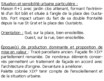 Zone de Texte: Situation et sensibilit urbaine particulire :Maison R+1 avec jardin clos attenant, formant lextrmit dun lot bti et situe  langle de la place des Oustalots. Fort impact urbain du fait de sa double frontalit depuis la rue St Grat et la place des Oustalots.Orientation : Sud, sur la place, bien ensoleille.                   Ouest, sur la rue, bien ensoleille.  poque(s) de production dominante et proposition de mise en valeur : Trac parcellaire ancien. Faade fin XIXpartiellement remanie. De nombreux lments conservs permettent un traitement de faade en accord avec larchitecture dorigine. Devanture  amliorer.Palette colore XIX tenir compte de lensoleillement et de la situation urbaine.