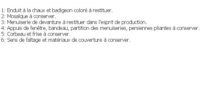 Zone de Texte: 1: Enduit  la chaux et badigeon color  restituer.2: Mosaque  conserver.3: Menuiserie de devanture  restituer dans lesprit de production.4: Appuis de fentre, bandeau, partition des menuiseries, persiennes pliantes  conserver.5: Corbeau et frise  conserver.6: Sens de fatage et matriaux de couverture  conserver.
