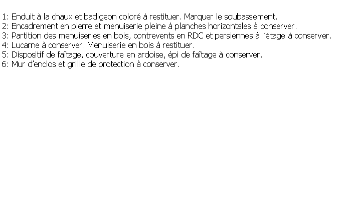 Zone de Texte: 1: Enduit  la chaux et badigeon color  restituer. Marquer le soubassement.2: Encadrement en pierre et menuiserie pleine  planches horizontales  conserver.3: Partition des menuiseries en bois, contrevents en RDC et persiennes  ltage  conserver.4: Lucarne  conserver. Menuiserie en bois  restituer.5: Dispositif de fatage, couverture en ardoise, pi de fatage  conserver.6: Mur denclos et grille de protection  conserver.