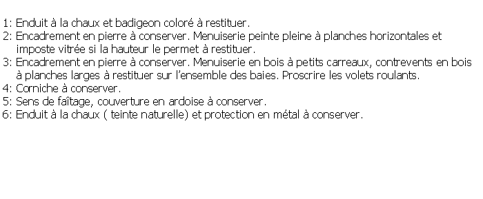Zone de Texte: 1: Enduit  la chaux et badigeon color  restituer.2: Encadrement en pierre  conserver. Menuiserie peinte pleine  planches horizontales et     imposte vitre si la hauteur le permet  restituer.3: Encadrement en pierre  conserver. Menuiserie en bois  petits carreaux, contrevents en bois     planches larges  restituer sur lensemble des baies. Proscrire les volets roulants.4: Corniche  conserver.5: Sens de fatage, couverture en ardoise  conserver.6: Enduit  la chaux ( teinte naturelle) et protection en mtal  conserver.
