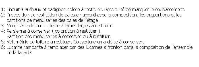 Zone de Texte: 1: Enduit  la chaux et badigeon color  restituer. Possibilit de marquer le soubassement.2: Proposition de restitution de baies en accord avec la composition, les proportions et les     partitions de menuiseries des baies de ltage.3: Menuiserie de porte pleine  lames larges  restituer.4: Persienne  conserver ( coloration  restituer ).    Partition des menuiseries  conserver ou  restituer.5: Volumtrie de toiture  restituer. Couverture en ardoise  conserver.6: Lucarne rampante  remplacer par des lucarnes  fronton dans la composition de lensemble    de la faade.