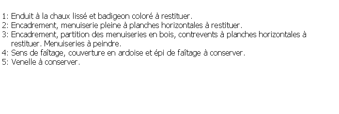 Zone de Texte: 1: Enduit  la chaux liss et badigeon color  restituer.2: Encadrement, menuiserie pleine  planches horizontales  restituer.3: Encadrement, partition des menuiseries en bois, contrevents  planches horizontales      restituer. Menuiseries  peindre.4: Sens de fatage, couverture en ardoise et pi de fatage  conserver.5: Venelle  conserver.
