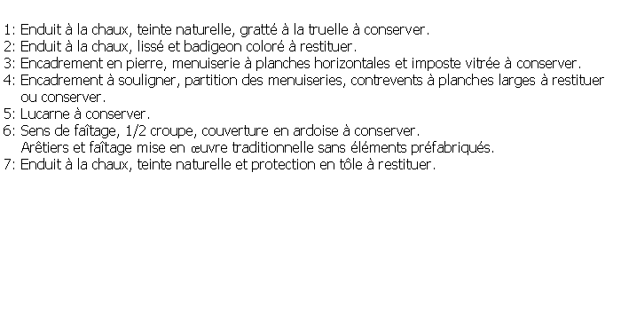Zone de Texte: 1: Enduit  la chaux, teinte naturelle, gratt  la truelle  conserver.2: Enduit  la chaux, liss et badigeon color  restituer.3: Encadrement en pierre, menuiserie  planches horizontales et imposte vitre  conserver.4: Encadrement  souligner, partition des menuiseries, contrevents  planches larges  restituer    ou conserver.5: Lucarne  conserver.6: Sens de fatage, 1/2 croupe, couverture en ardoise  conserver.    Artiers et fatage mise en uvre traditionnelle sans lments prfabriqus.7: Enduit  la chaux, teinte naturelle et protection en tle  restituer.