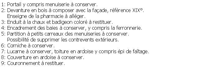 Zone de Texte: 1: Portail y compris menuiserie  conserver.2: Devanture en bois  composer avec la faade, rfrence XIX.     Enseigne de la pharmacie  allger.3: Enduit  la chaux et badigeon color  restituer.4: Encadrement des baies  conserver, y compris la ferronnerie.5: Partition  petits carreaux des menuiseries  conserver.    Possibilit de supprimer les contrevents extrieurs.6: Corniche  conserver.7: Lucarne  conserver, toiture en ardoise y compris pi de fatage.8: Couverture en ardoise  conserver.9: Couronnement  restituer.